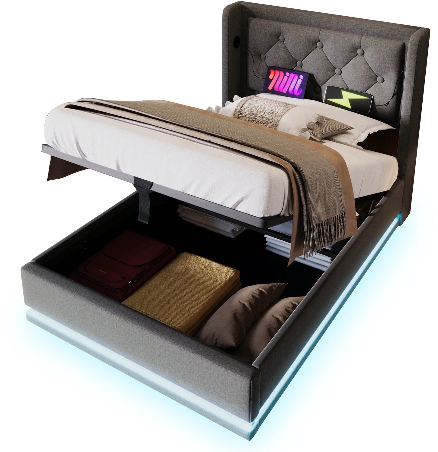 Welltin Eenpersoonsbed 90x200 - Katoenen bedframe met hydraulische opbergruimte - LED-verlichting - USB Type-C - Grijs