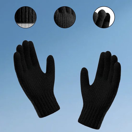 Zwarte gebreide handschoenen met close-up van de boord, textuur en vingertoppen.