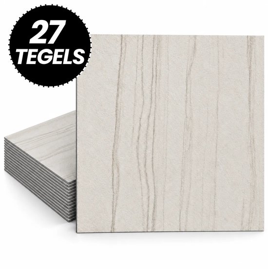 Stapel van 27 zelfklevende beige tegels met een fijn lineair houtpatroon en zwarte sticker met tekst 27 TEGELS.