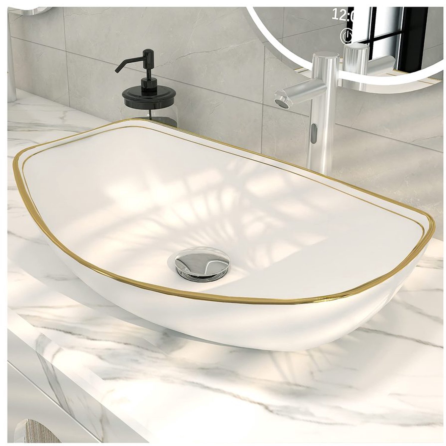 Wastafel Luxe Design - Ovale Keramische Vat - Gouden Rand - Buitenafmetingen 56,5 x 40 x 15,5 cm - Standaard Afvoeropening 4,5 cm - Eenvoudige Installatie - Gootsteen
