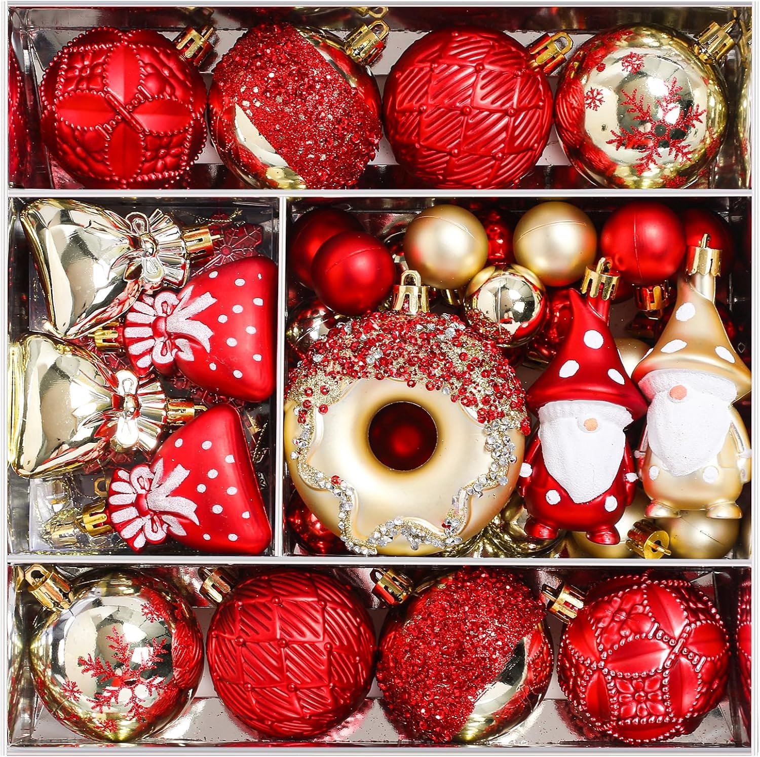 KZQ Set van 60 onbreekbare plastic kerstballen met ophangkoordjes, rood en goud, klassieke cadeauset voor kerstboom, feest en bruiloft