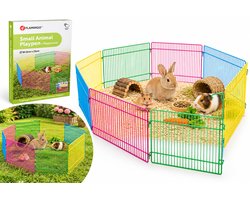 Konijnenren – knaagdierren – Flamingo Ren Meerkleurig – Ø84,5cm hoogte 23cm – 8 panelen – metaal – 1 deur met haaksluiting – opvouwbaar – voor kleine knaagdieren – binnen en buiten