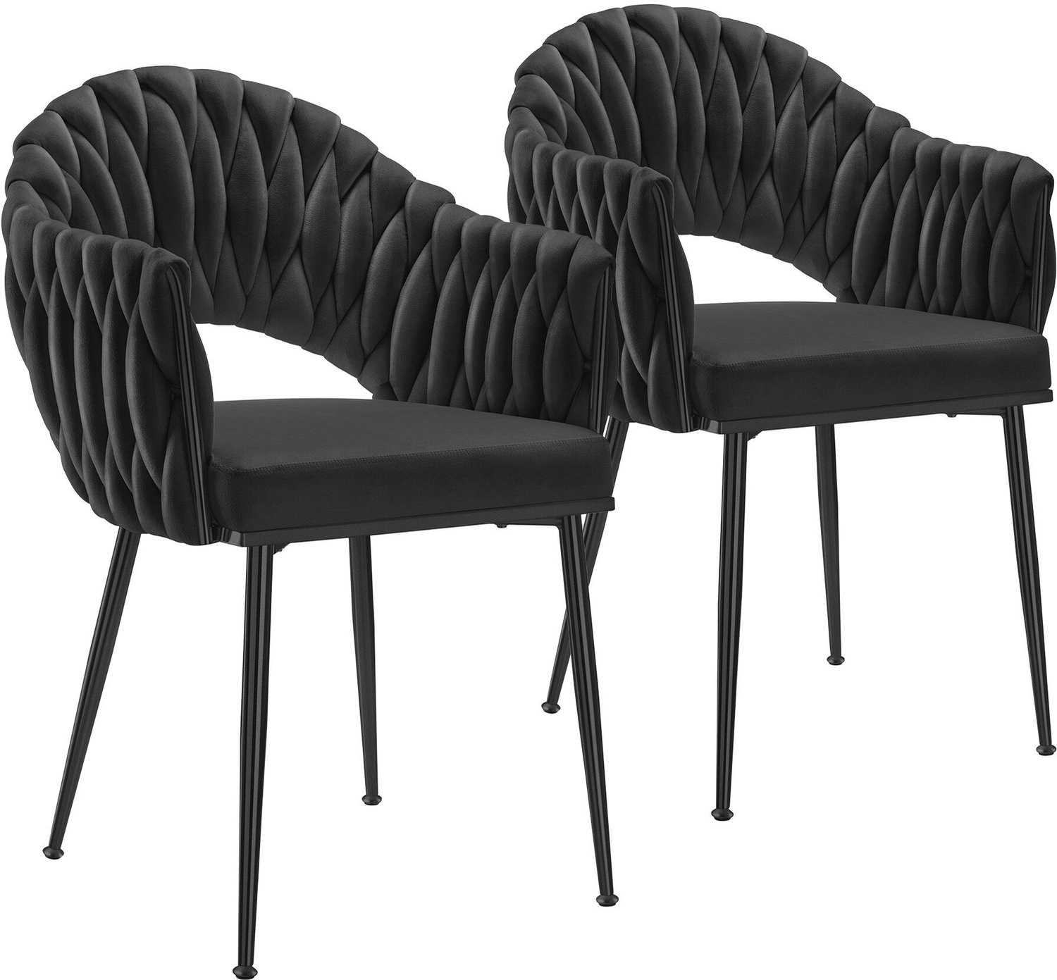 Tectake Eetkamerstoel Caslano - Set van 2 - Eetkamerstoelen met Fluwelen Bekleding - Doorlopende Rugleuning en Armleuning met Vlechtwerk - Slanke Stalen Poten - Draagkracht 150 kg per Stoel - Zwart/Zwart