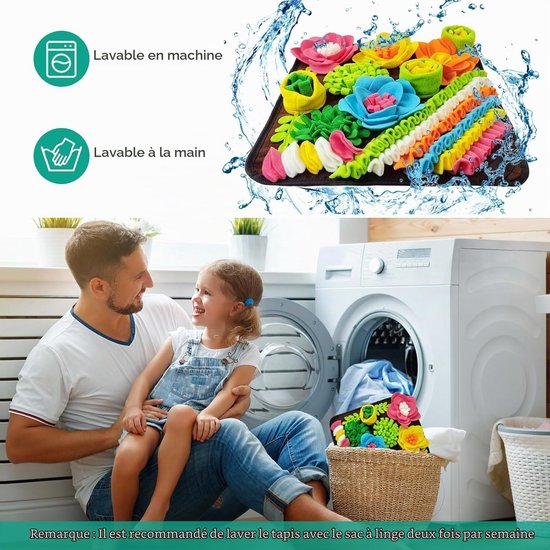 Snuffelmat met wasinstructies, getoond naast een wasmachine met vader en kind in de buurt.