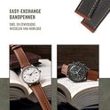 Een wit-gouden herenhorloge met een bruin kalflederen bandje en een zwart sporthorloge met bruin kalflederen bandje.