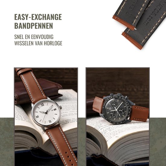Een wit-gouden herenhorloge met een bruin kalflederen bandje en een zwart sporthorloge met bruin kalflederen bandje.