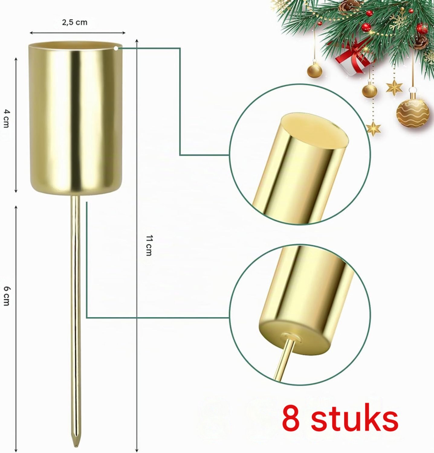 Set van 8 adventskranskaarsenhouders met een diameter van 2,5 cm, metalen taps toelopende kaarsenhouders met pin voor het zelf maken van een adventskrans. Kerstversiering,goud – foto 2