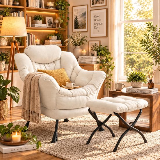 Fauteuil met Voetenbank – Comfortabele Loungestoel met Zachte PP-Katoenen Vulling – Leesstoel met Zijvak – Opvouwbare Poef – Wasbare Hoezen – Metalen Frame – 150 kg