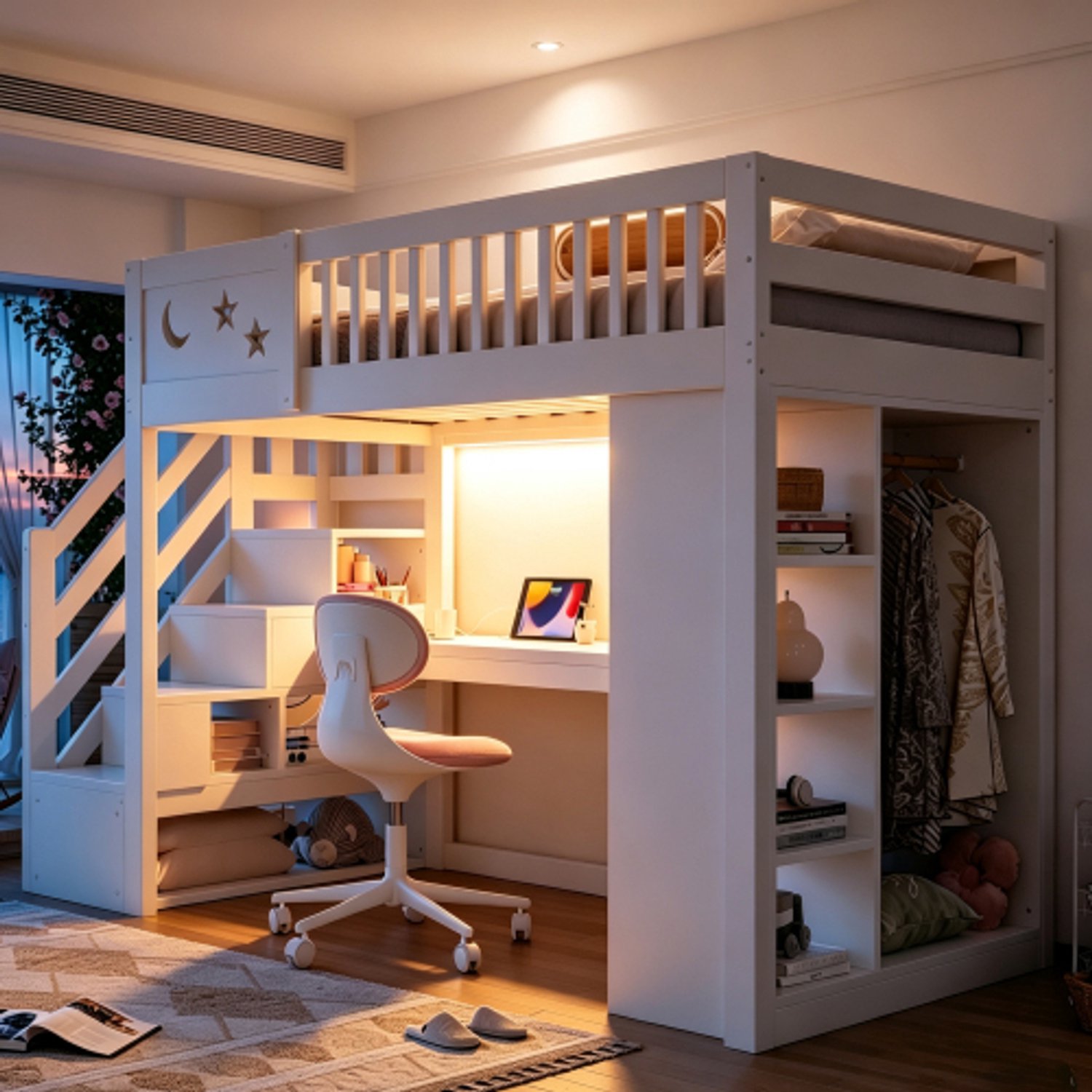 OOIILLEE Houten hoogslaper 90 × 200 cm, met unieke leuning, inclusief bureau, LED-verlichting, stopcontact, open planken en kledingkast, met opstapladder voor opbergruimte, wit