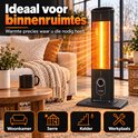 Zwarte ICQN infraroodkachel in een woonkamer, perfect voor binnenruimtes zoals serres, kelders en werkplaatsen.