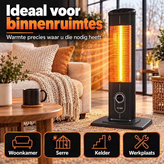 Zwarte ICQN infraroodkachel in een woonkamer, perfect voor binnenruimtes zoals serres, kelders en werkplaatsen.