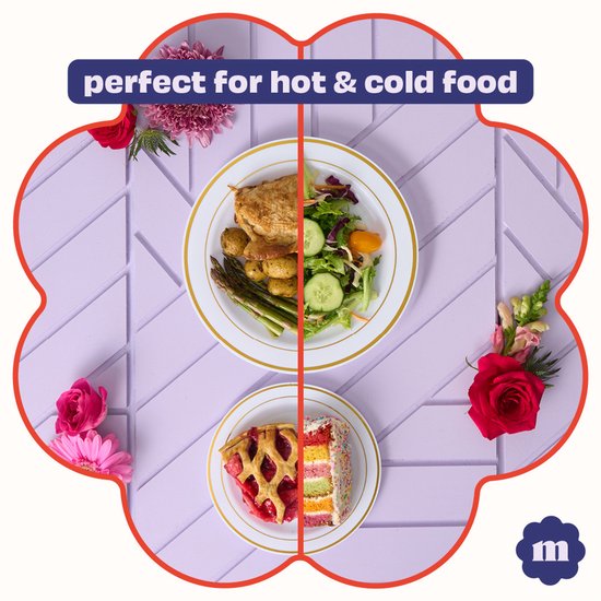 Borden met gouden rand gevuld met warm hoofdgerecht, salade, taart en gebak. Tekst: perfect for hot & cold food.