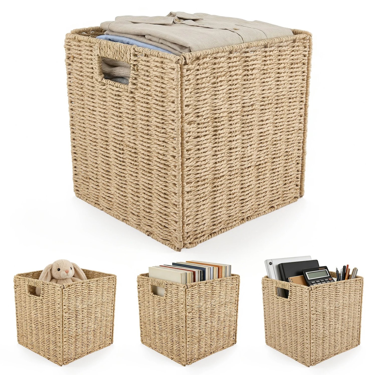 Geweven Opbergmanden – 4 Stuks – 30 x 30 x 30 cm – Opvouwbaar – Natuurlijk Papiertouw – Opbergboxen voor Kast – Met Handgrepen – Beige