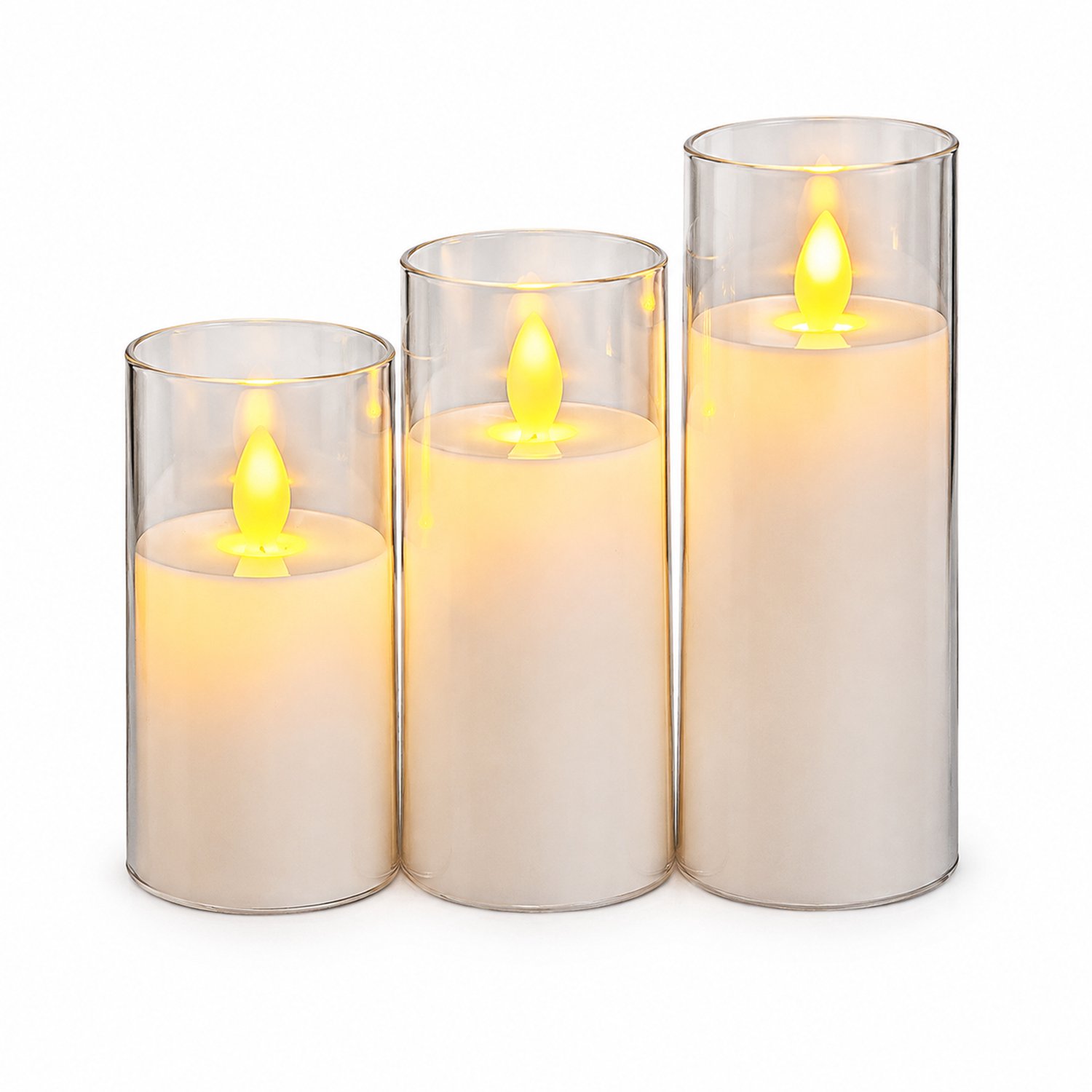 led kaarsen, set van 3 met bewegende vlam en transparante omhulling, wit, diameter 5,5 cm, hoogtes 10/12,5/15 cm, op batterijen