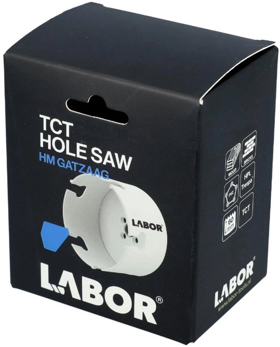 Verpakking van een Labor TCT gatzag HM GATZAAg. Zwart met witte tekst en logo.