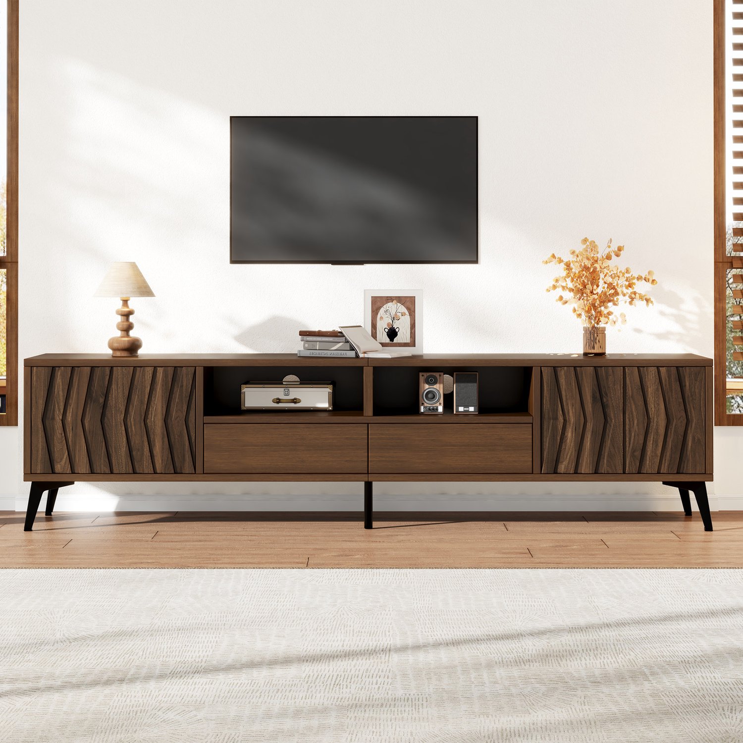 Clruro TV-Meubel - 180×35×45 cm - voor 75 Inch - Geometrische Deuren - Spaanplaat - Walnootkleur