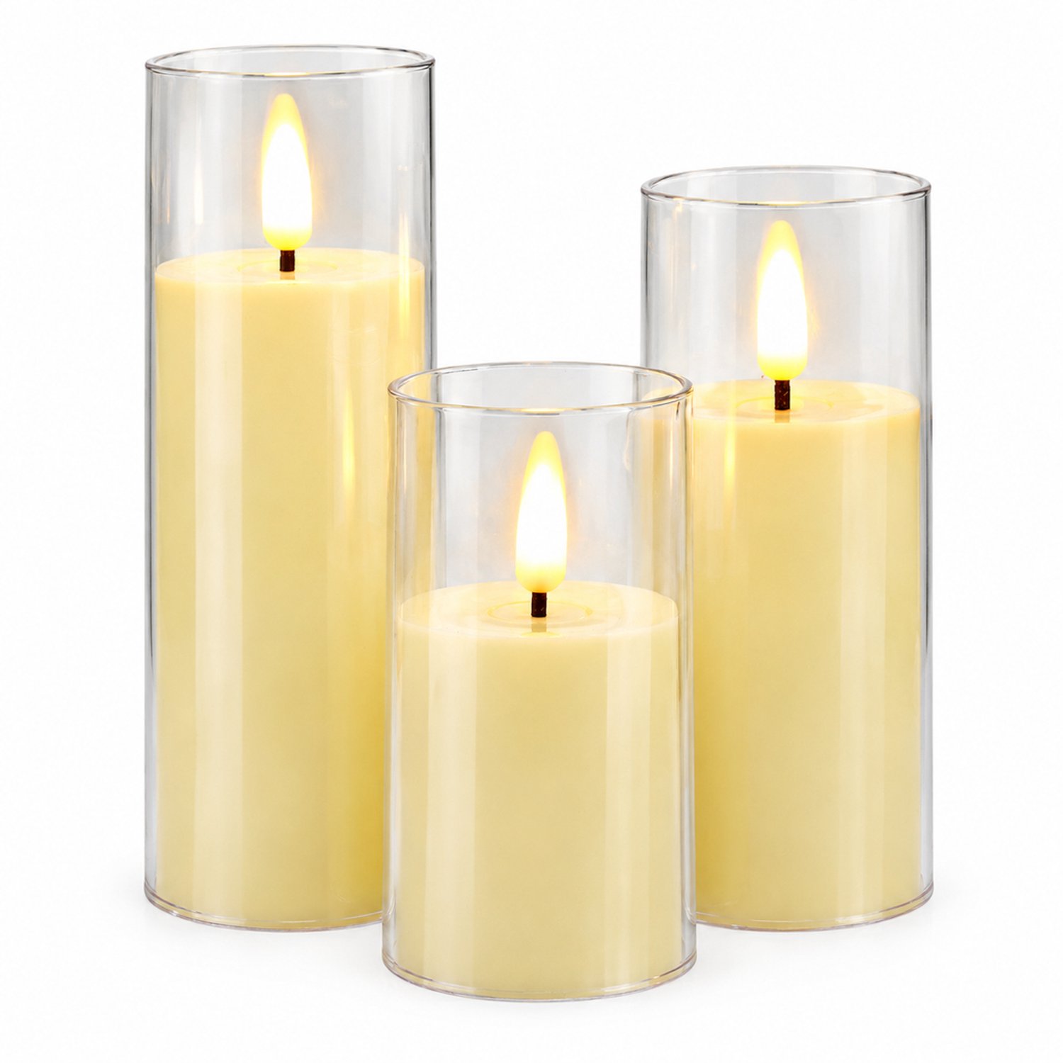 led kaarsen set van 3 - Ivoor, warm licht en transparante cilindervormige kappen - Diameter 5.5 cm, hoogtes 10/12.5/15 cm - Feestdecoratie