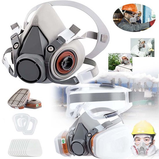 Veiligheidsset met masker, bril, filters en pads voor industrieel gebruik, inclusief afbeeldingen van vakmensen in actie.