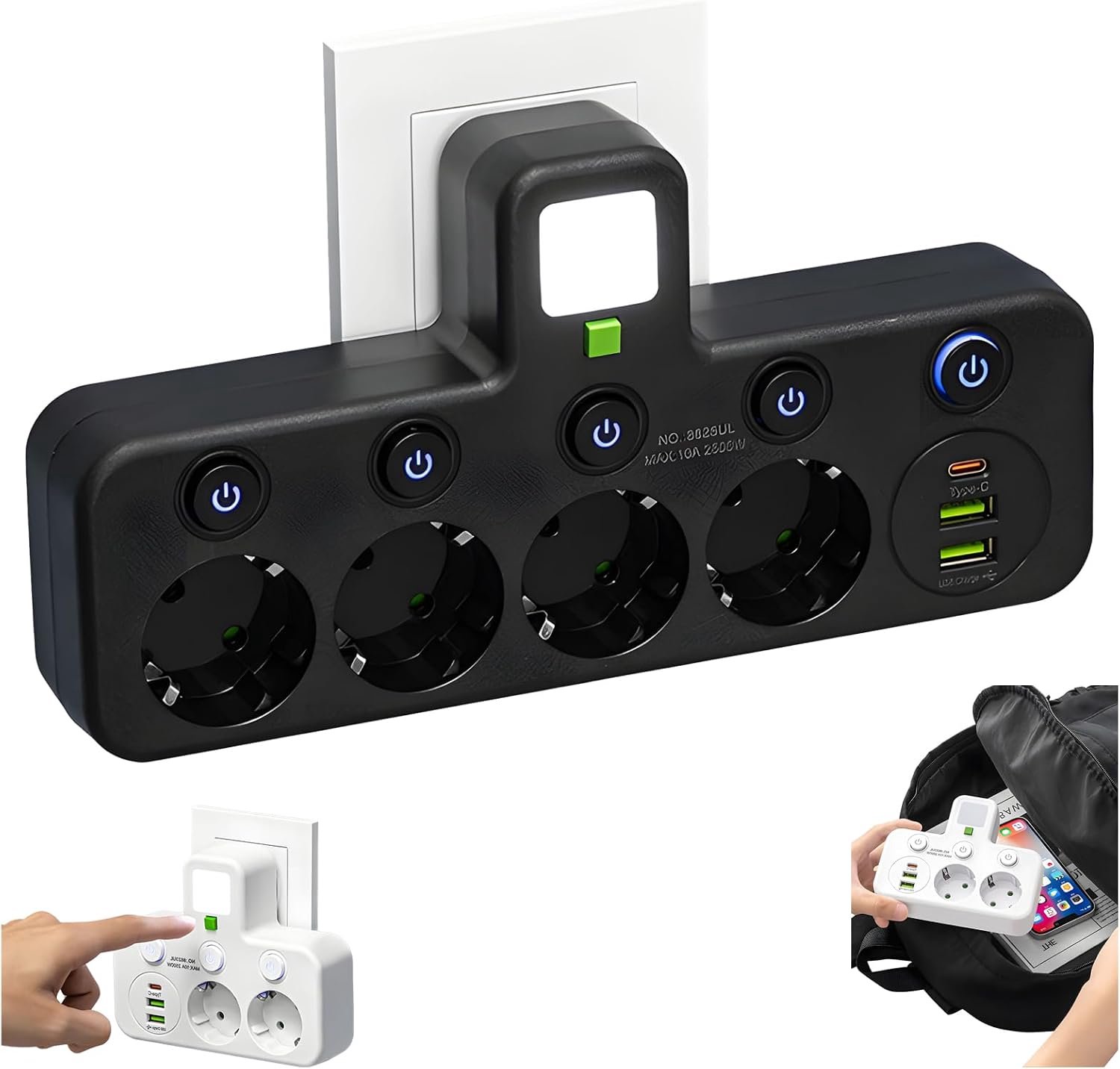 Slimme stekkerdoos met USB-poorten - torenmodel stekkerdoos met individuele schakelaars, meerdere stopcontacten en USB-poorten, voor kantoor en studentenkamer