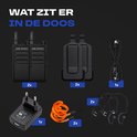Inhoud van de doos: twee zwarte Cor.Speed walkietalkies, riemclips, oortjes, een oplaadkabel en oranje koorden.