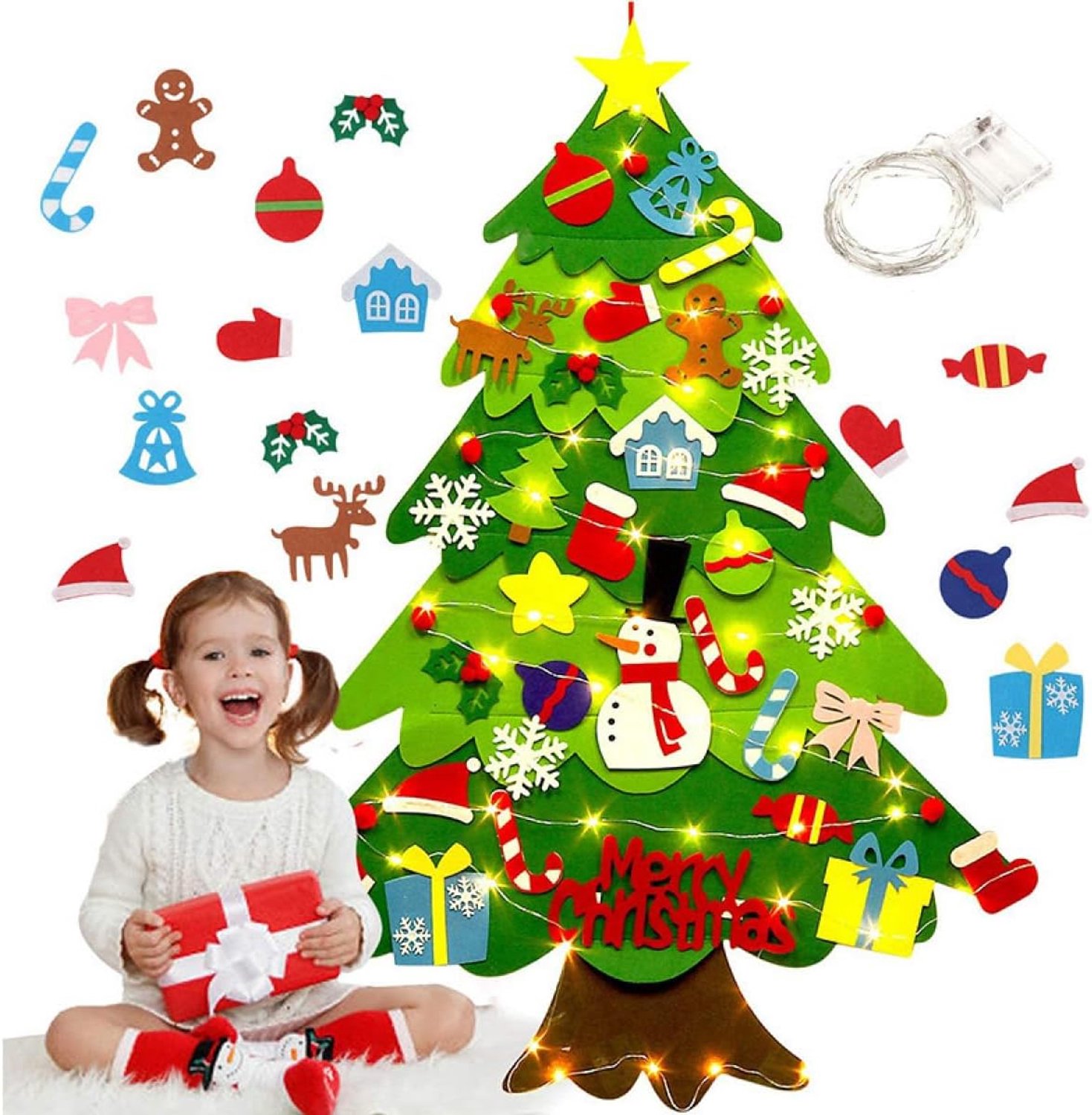 Vilten kerstboom voor aan de muur (90 cm) met led-lichtsnoer – DIY-kerstboom van vilt inclusief 32 afneembare vilten versieringen; leuk kerstcadeau voor jongens en meisjes