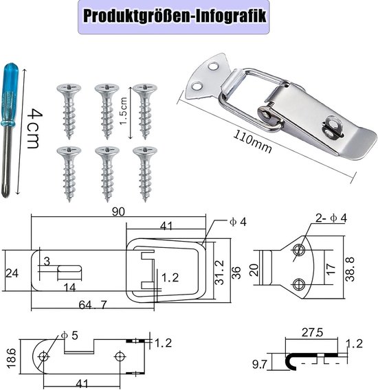 4-delige set spanvergrendelingen met schroeven en schroevendraaier, 110 mm — afbeelding 2