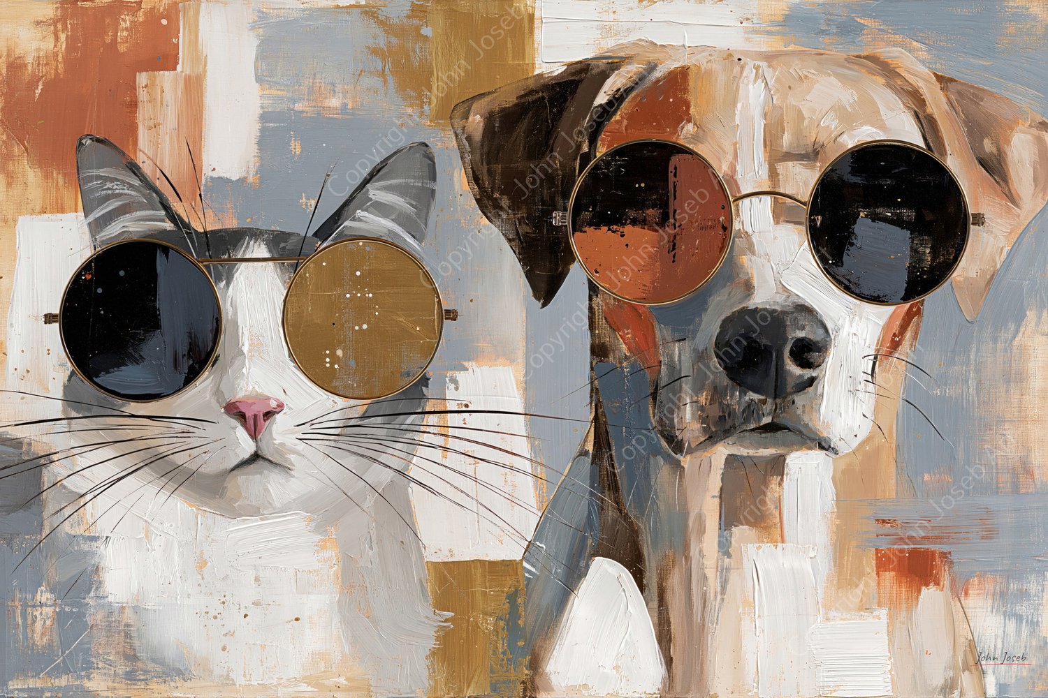 John Joseb Art (Aluminium) 120x80 | Grappige hond en poes met bril, humor, Japandi, bruin, kunst, dier, kat, blauw, grijs, modern | foto-schilderij op dibond, metaal wanddecoratie Aluminium, dikte 3 mm