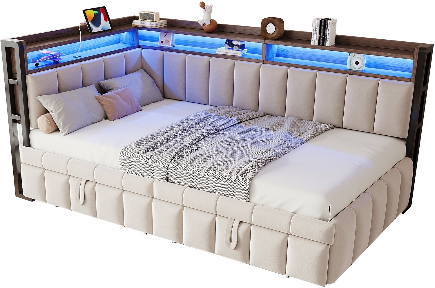 MUVANO Slaapbank 90x200 cm met uitschuifbed - fluwelen slaapbank met ledverlichting, opbergruimte, USB en Type-C voor woonkamer of logeerkamer Beige