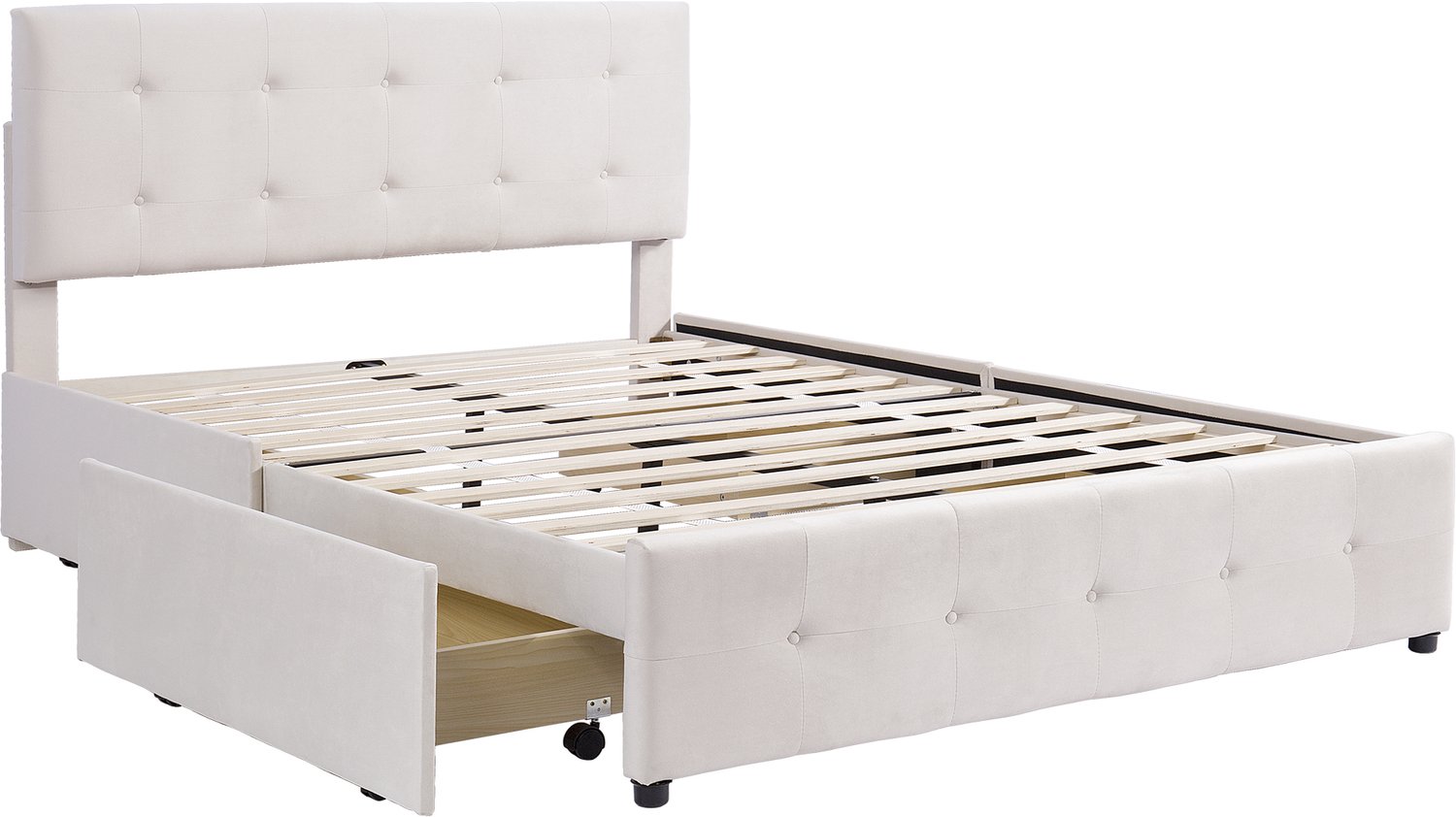 MUVANO Gestoffeerd bed 140 x 200 cm - tweepersoonsbed met vier opberglades, lattenbodem, hoofdbord en fluwelen bekleding voor volwassenen, beige