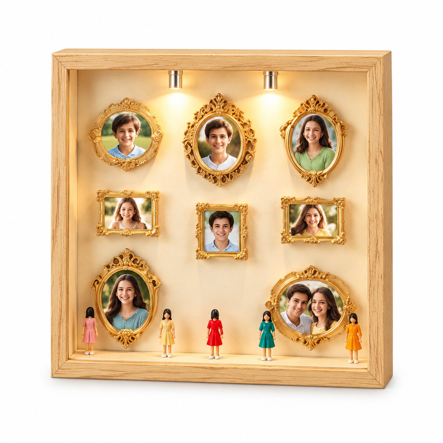 SWGOTA Zwarte vierkante MDF-displaylijst voor op tafel - Binnenmaat 20,3 x 20,3 x 3 cm - Inclusief 2 lampjes