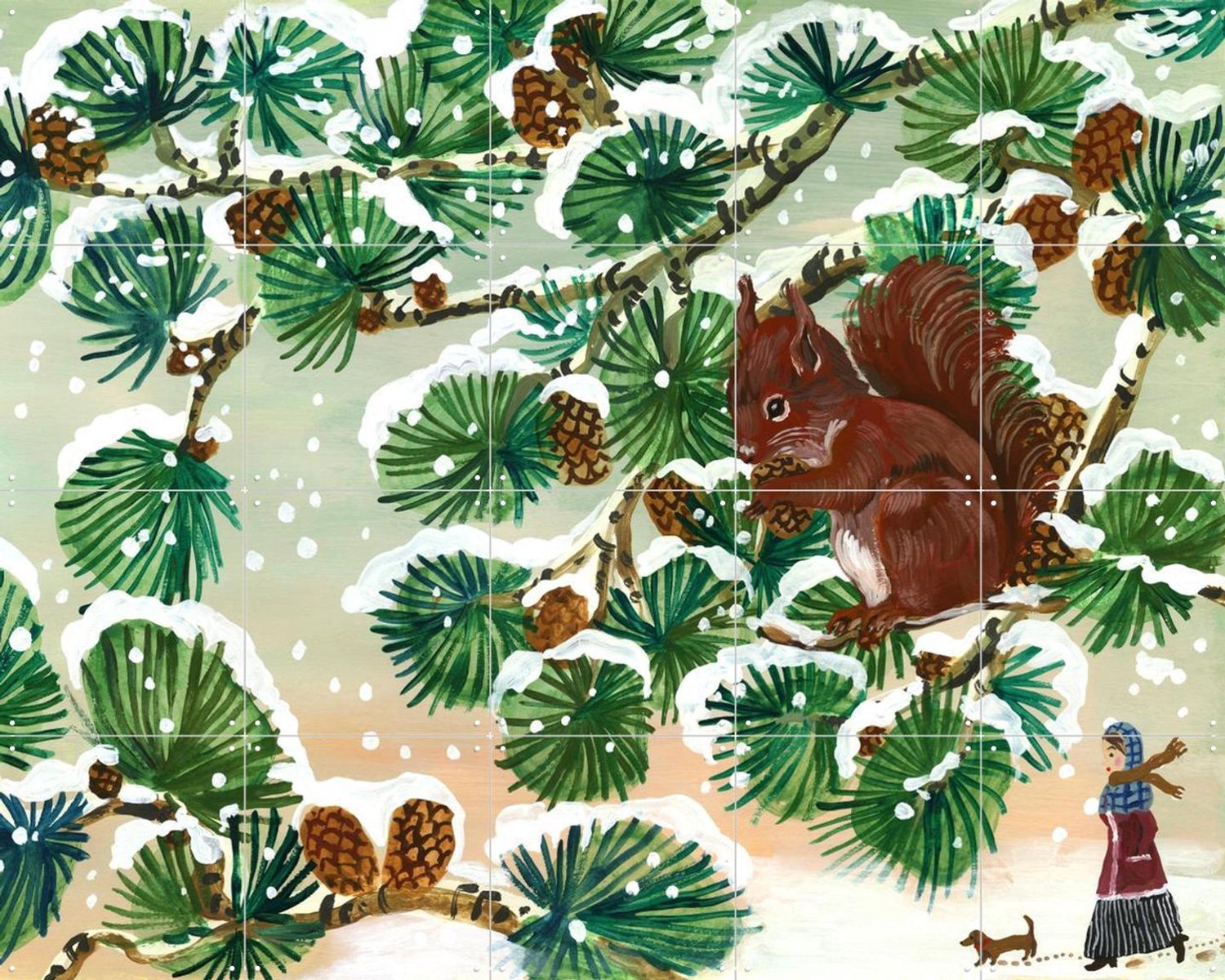 IXXI Promenade En Hiver, Nathalie Lété - 100 x 80 cm - Grote wanddecoratie en posters - Illustraties, Woonkamer, Winter, Sneeuw Groen