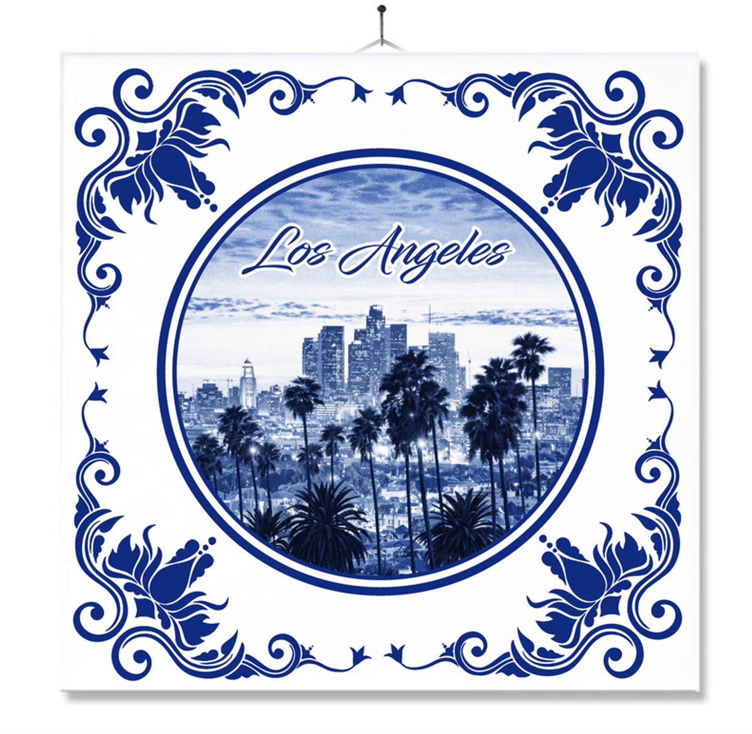 MC Living Tegel Met Opdruk | Los Angeles | Delft Blauw | Cadeau | Inclusief Geschenkdoos | Standaard | Ophangsysteem Multi-Color