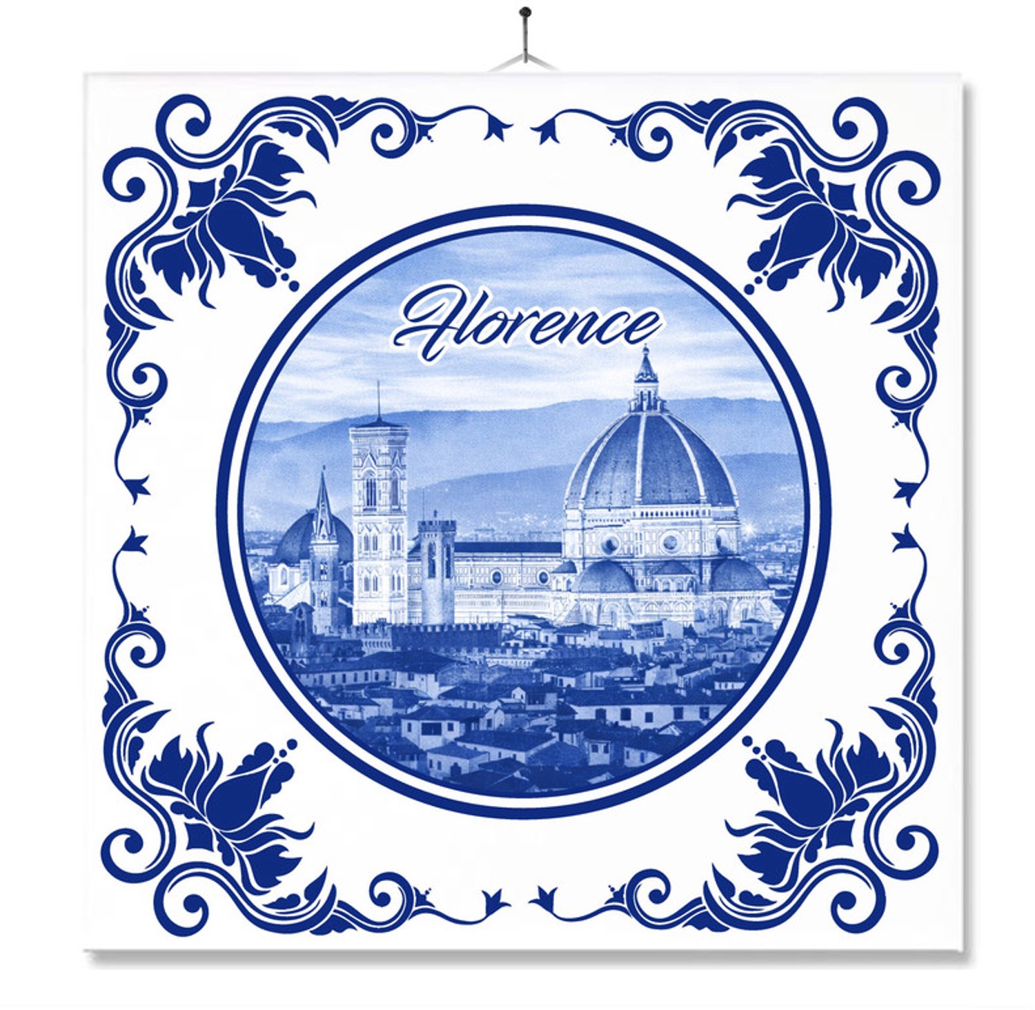 MC Living Tegel Met Opdruk | Florence | Delft Blauw | Cadeau | Inclusief Geschenkdoos | Standaard | Ophangsysteem