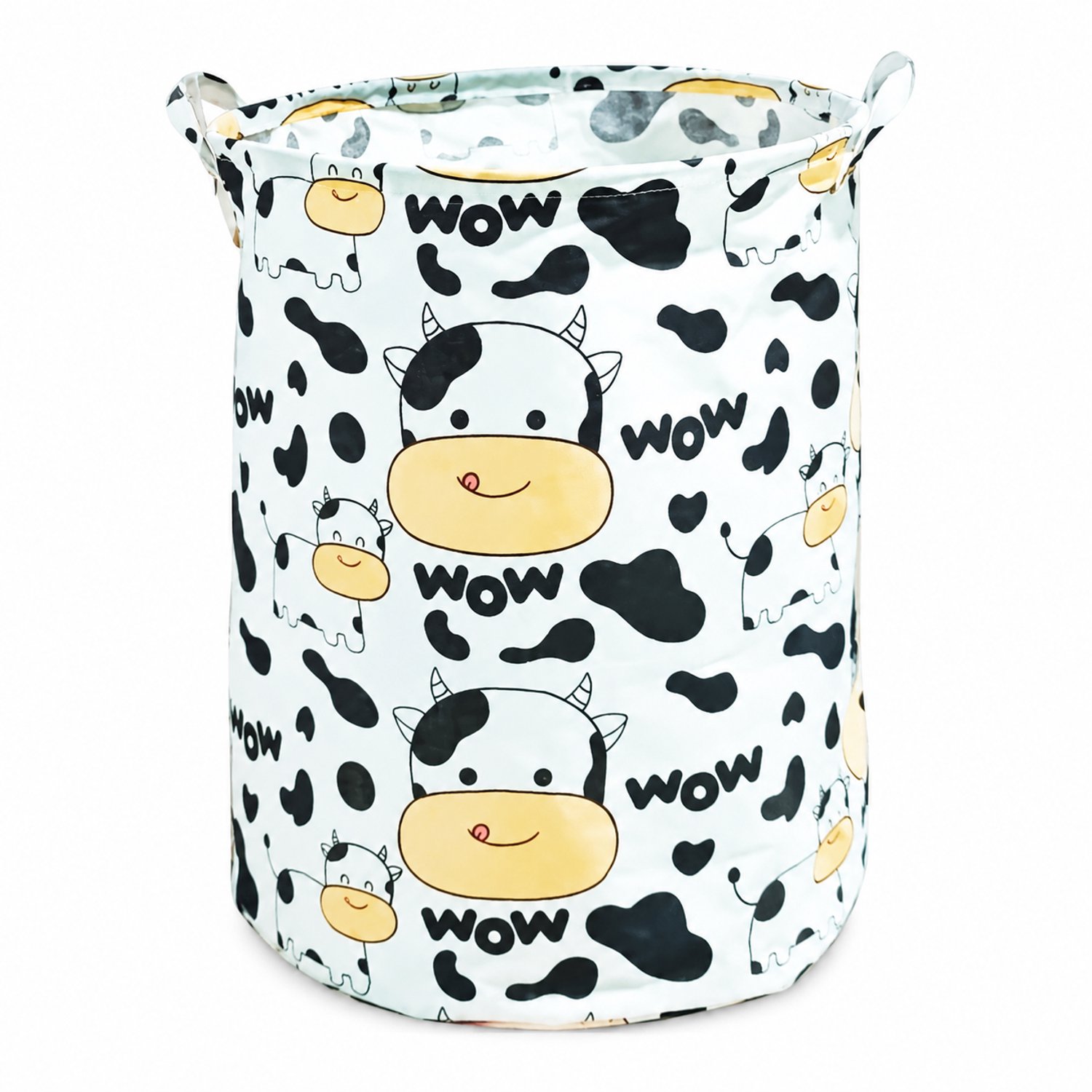 Opvouwbare wasmand van katoen en linnen met koeienprint, diameter 40 cm en hoogte 50 cm, met twee handvatten