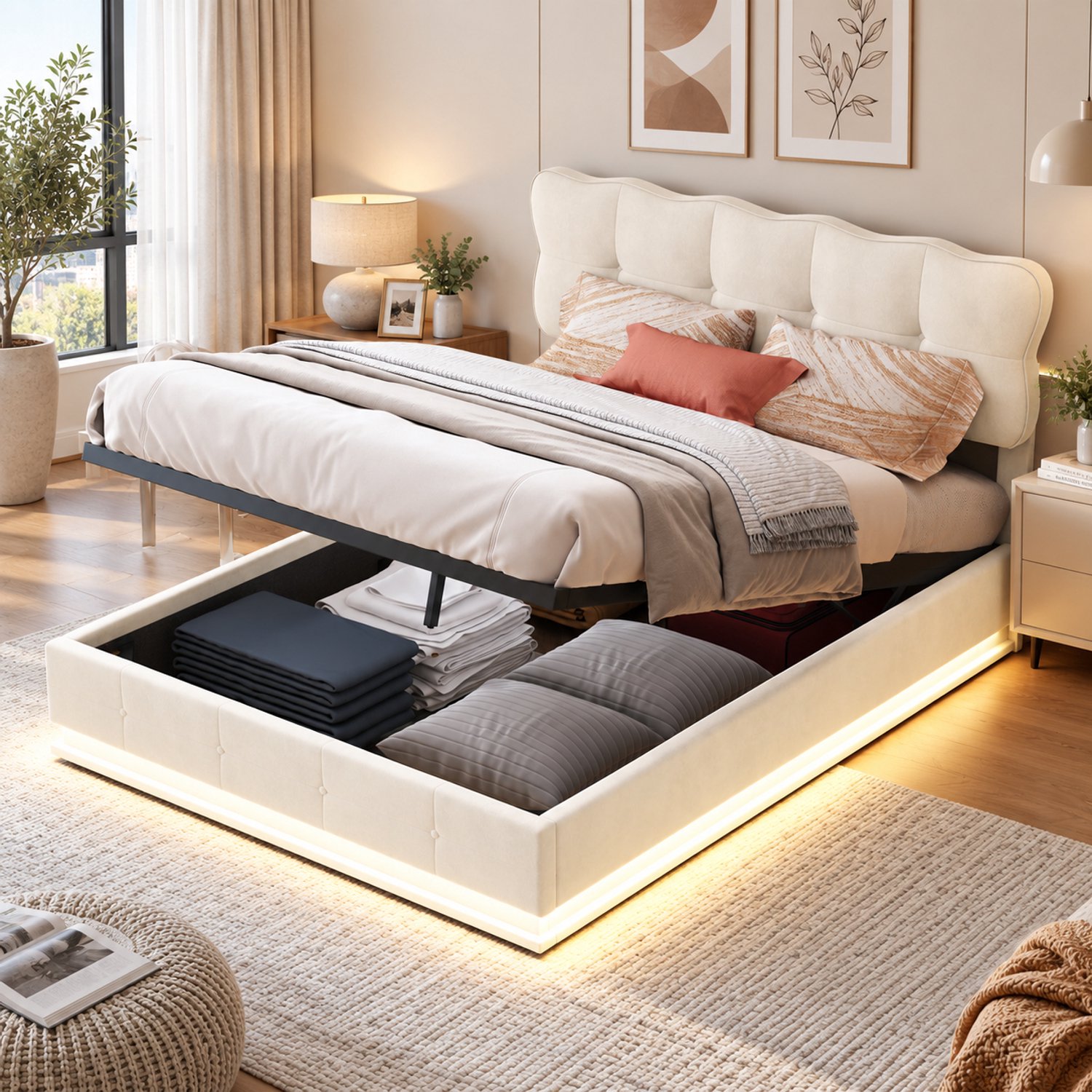 Yelenaro Hydraulisch Gestoffeerd bed 140x190 cm met LED-Verlichting, Opbergbed, Bedombouw met Lattenbodem, Zonder Matras, Fluweel, Beige