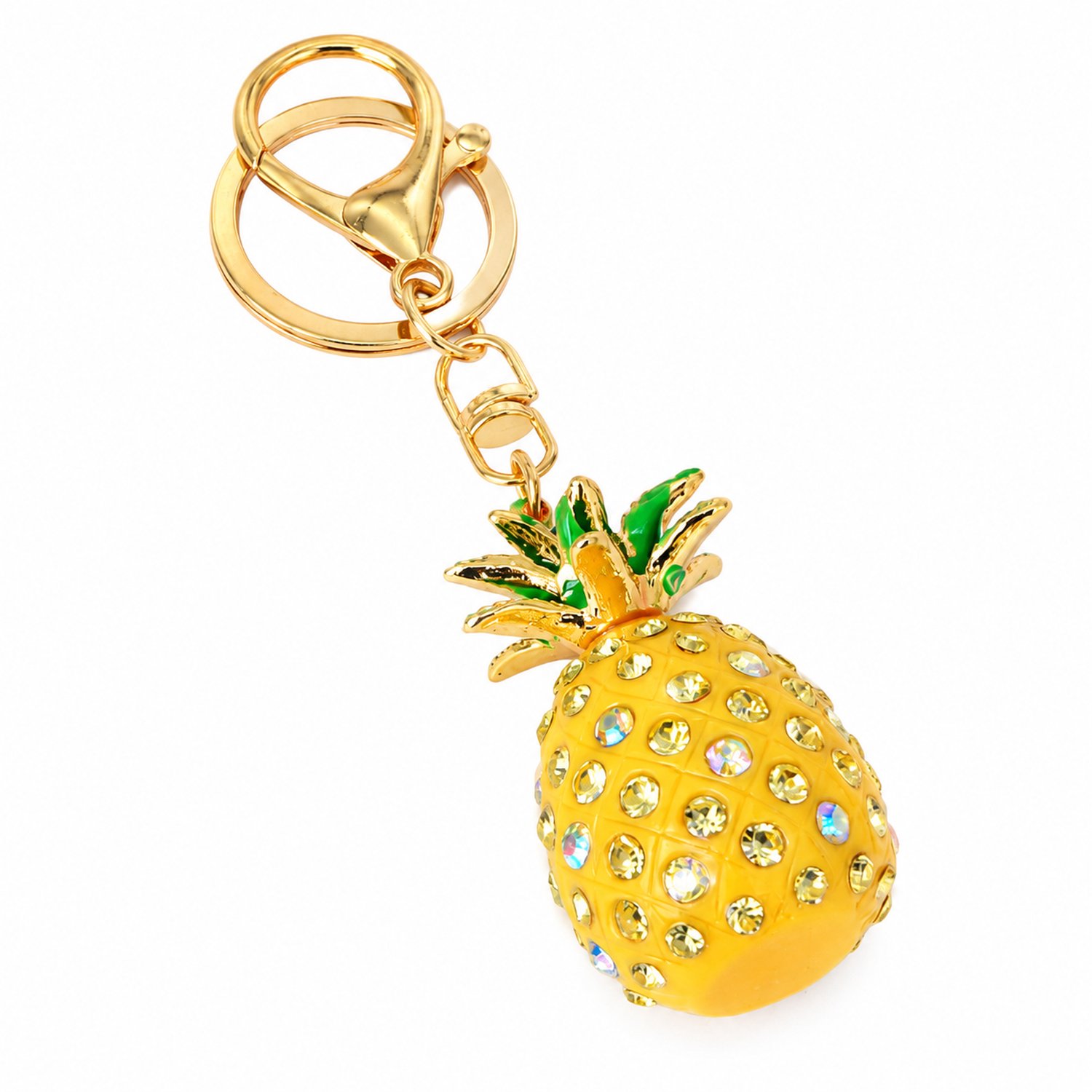 Sleutelhanger met gele ananas en strass, met sleutelring en karabijnsluiting, ook als tashanger