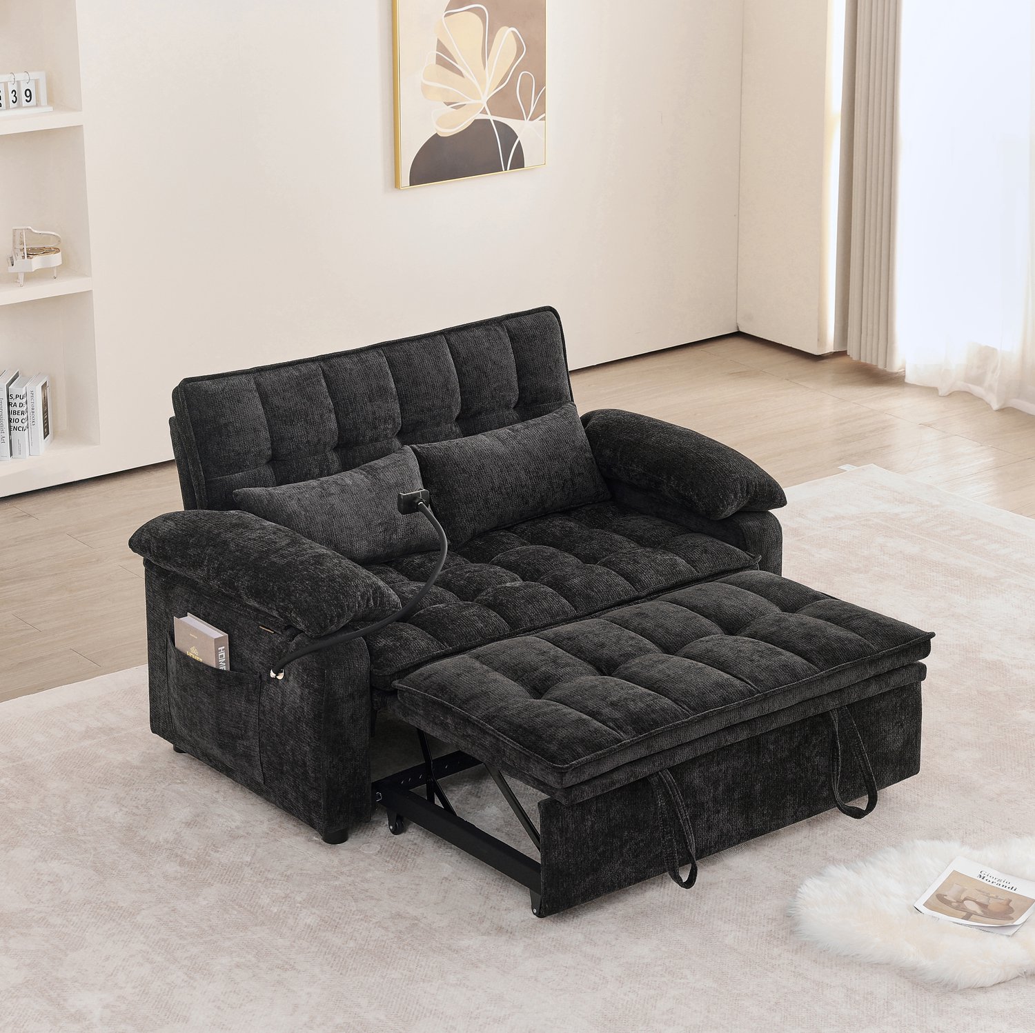 MIVRAY Slaapbank 142 cm - Verstelbare Rugleuning en Opbergruimte - Voor Woonkamer en Logeerkamer - Chenille, Hout en IJzer - Zwart