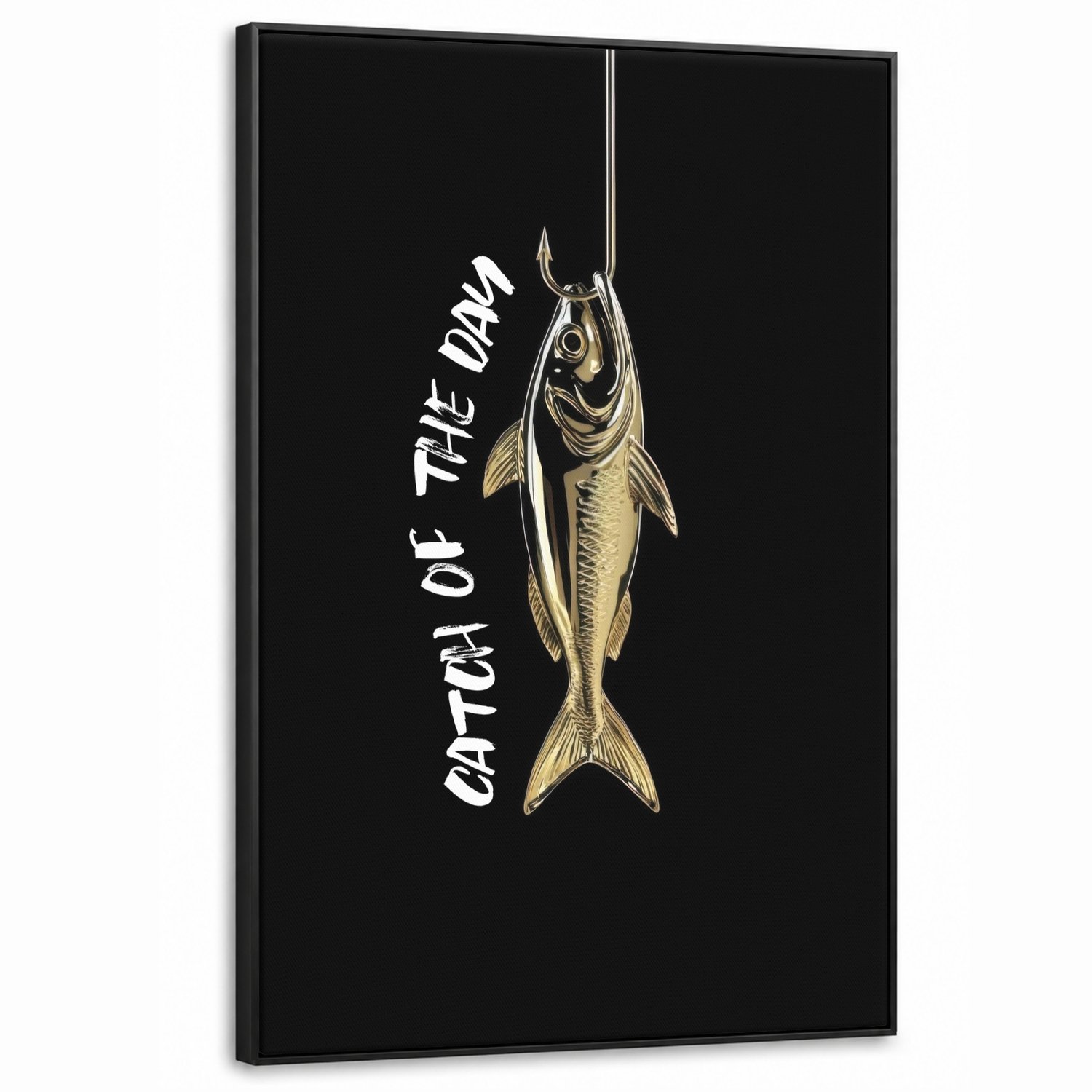 Canvas Schilderij met Baklijst XXL Canvas Schilderij met Baklijst 90x140cm - Vis - Zwart - Goud - Tekst - Muurdecoratie woonkamer - Slaapkamer decoratie - Kamer accessoires - Schilderijen op canvas met lijst groot