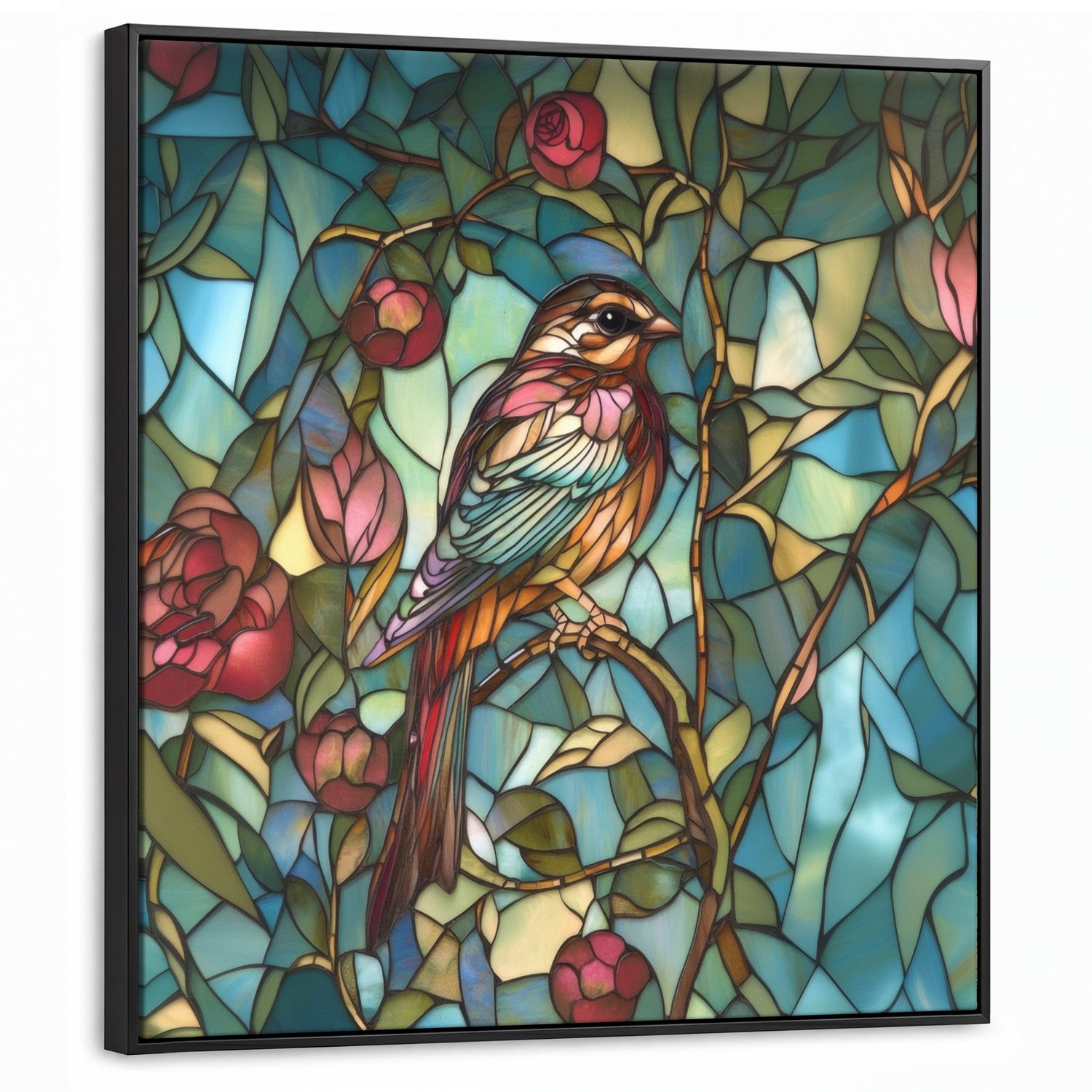 Canvas Schilderij met Baklijst 90x90cm - Vogel - Tak - Rozen - Mozaïek - Muurdecoratie woonkamer - Slaapkamer decoratie - Kamer accessoires - Schilderijen op canvas met lijst