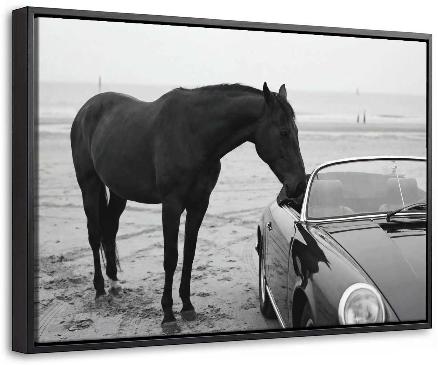 Canvas Schilderij met Baklijst 30x20cm - Paard - Auto - Zwart - Wit - Muurdecoratie woonkamer - Slaapkamer decoratie - Kamer accessoires - Schilderijen op canvas met lijst