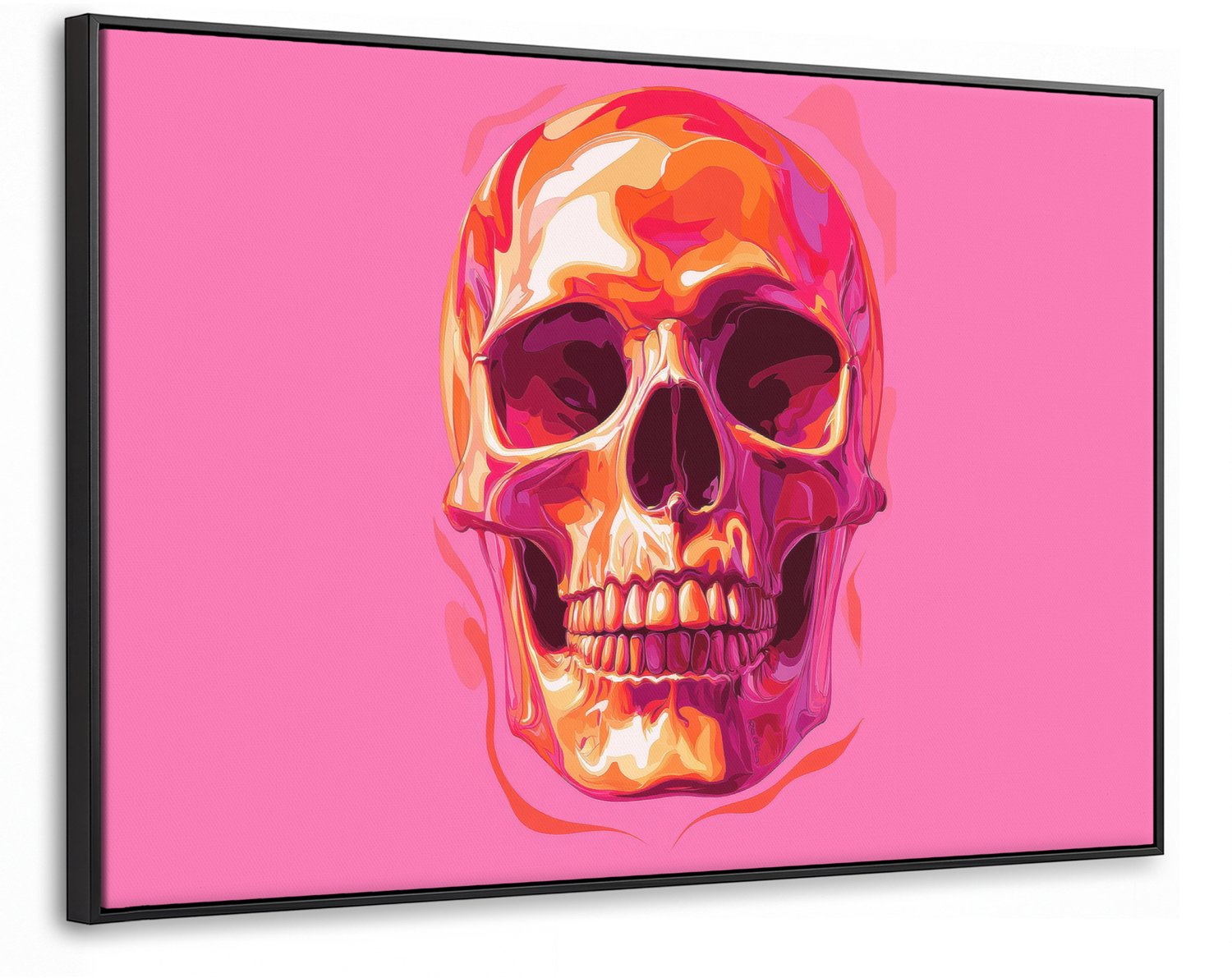 Canvas Schilderij met Baklijst 90x60cm - Felroze - Tanden - Schedel - Muurdecoratie woonkamer - Slaapkamer decoratie - Kamer accessoires - Schilderijen op canvas met lijst