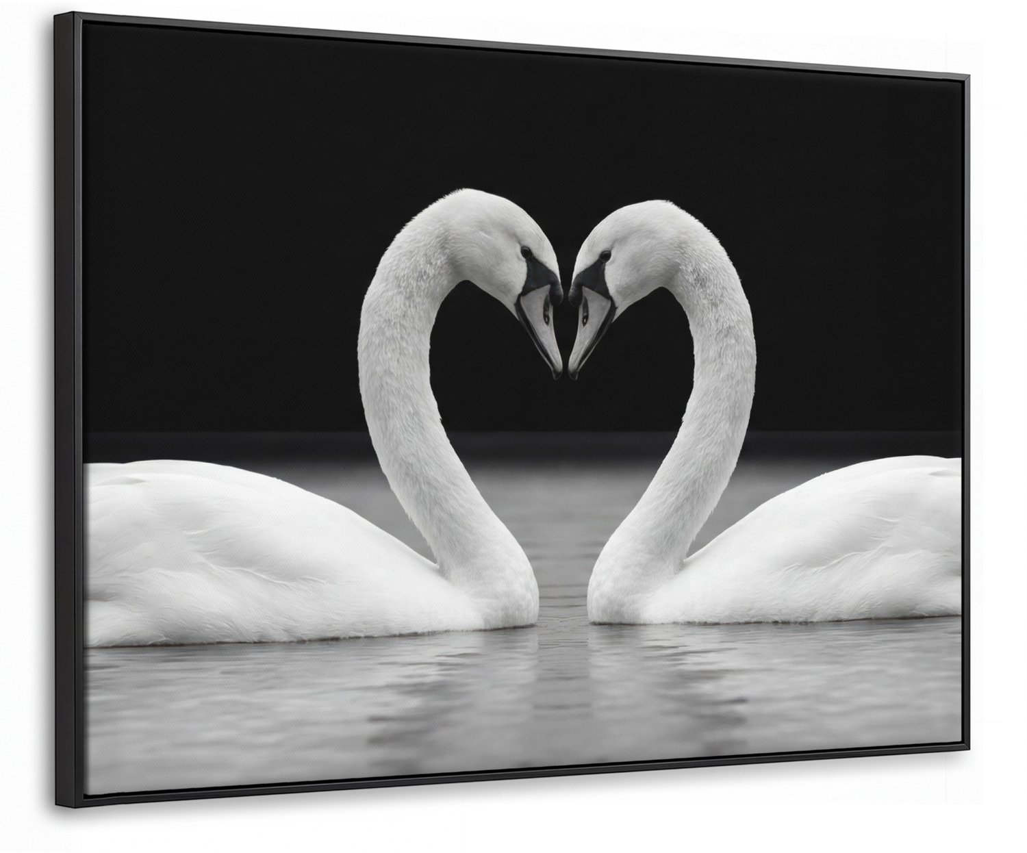 Canvas Schilderij met Baklijst 100x70cm - Zwanen - Hart - Zwart - Wit - Muurdecoratie woonkamer - Slaapkamer decoratie - Kamer accessoires - Schilderijen op canvas met lijst