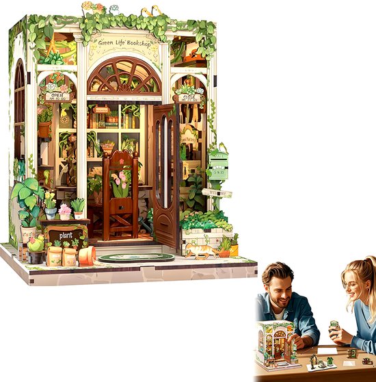 DIY "Boekenhoek" Bouwmodel - Mini Groene Boekhandel - 3D Houten Puzzel - Zelf in elkaar te zetten Huis - Miniatuur Scène Set - Model Speelgoed - Geschikt voor Boekenplanken en Woondecoratie - Inclusief LED-verlichting