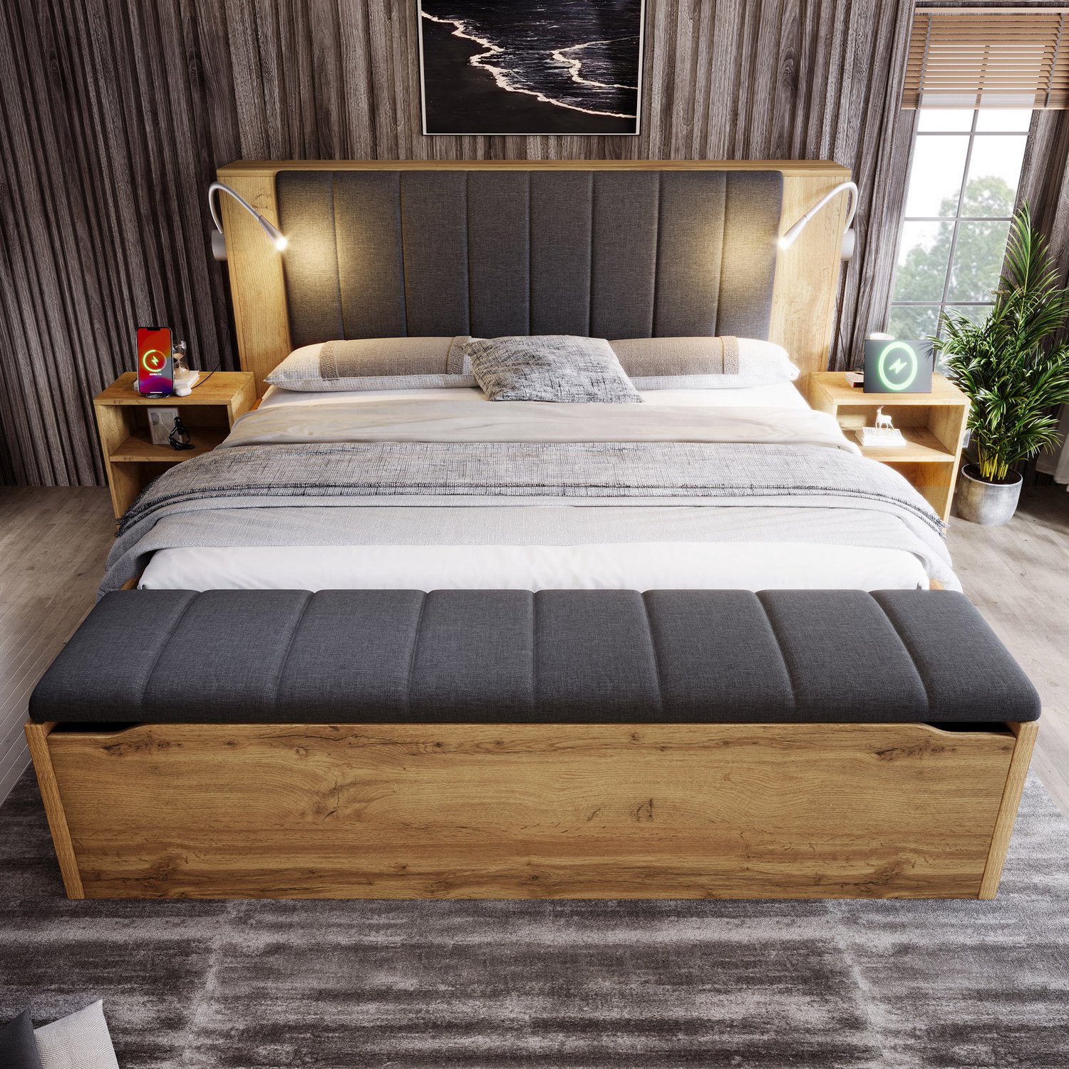 MUVANO Tweepersoonsbed 180x200 met lattenbodem - Opbergruimte - Leeslampjes met USB - MDF en linnen - Twee nachtkastjes en opbergbank - Slaapkamer eikenkleur
