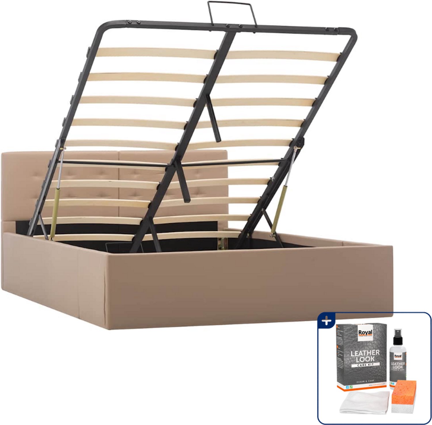 vidaXL bedframe met opbergruimte - 120 x 200 cm - kunstleer - cappuccino - Inclusief onderhoudsset voor kunstleer 150 ml Grijs