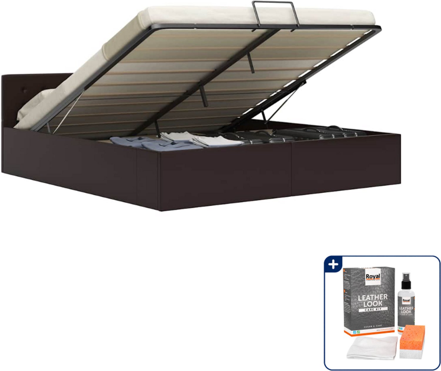 vidaXL Queensize bedframe met opslag - 160 x 200 cm - grijs - Inclusief onderhoudsset voor kunstleer 150 ml Wit