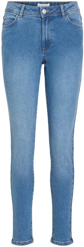Blauwe skinny jeans met mid-waist pasvorm, gezien van voren.
