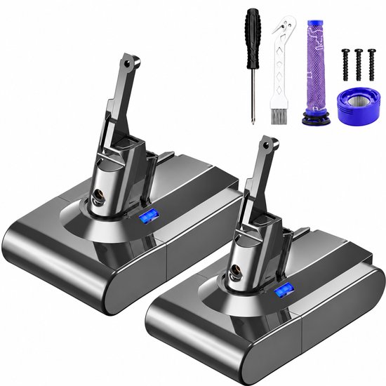 Twee Dyson V8 vervangende accu's met schroevendraaier, reinigingsborstel en filterset.