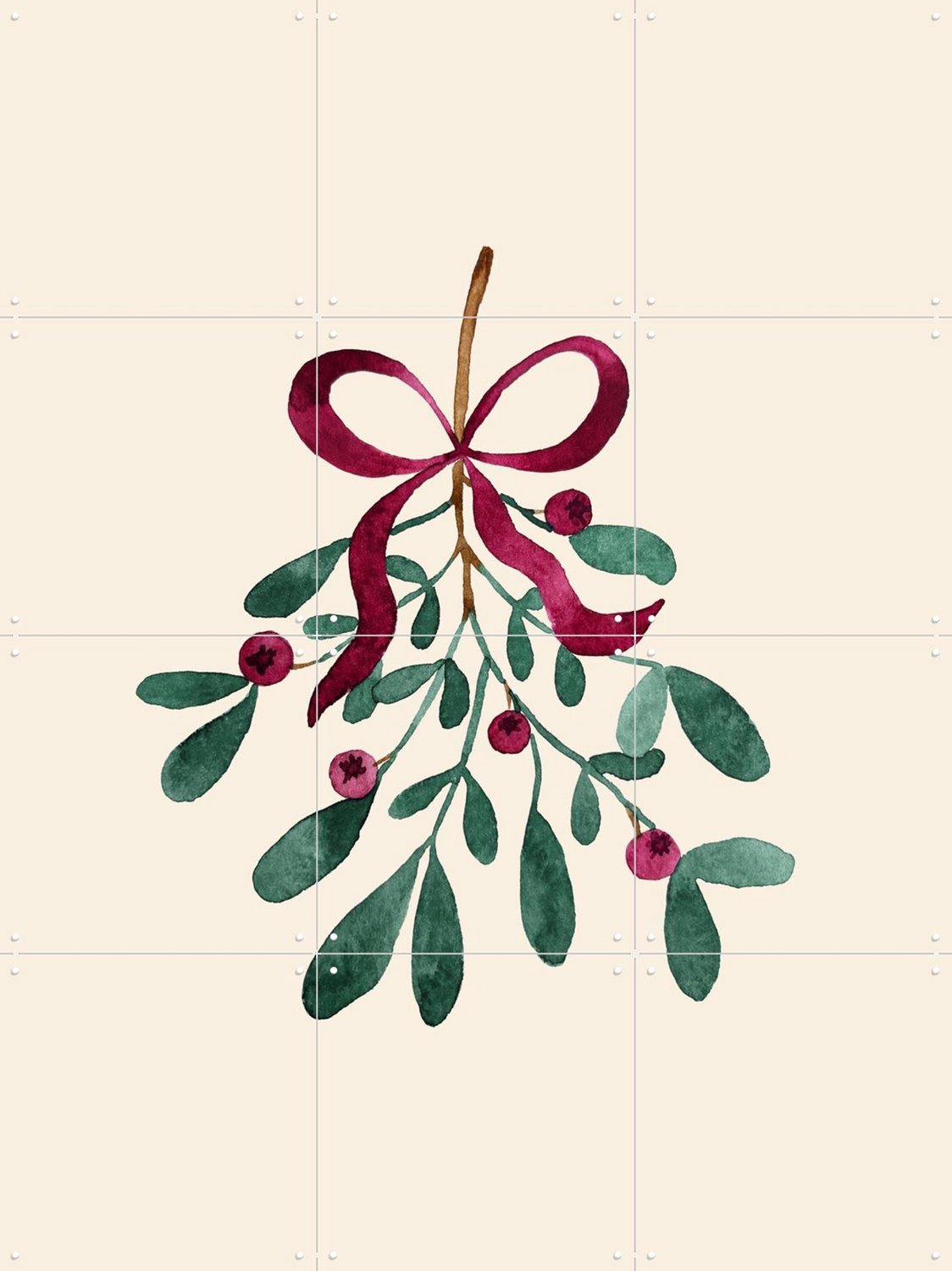 IXXI Winter Berry Mistletoe, Palmartprints - 60 x 80 cm - Grote wanddecoratie en posters - Illustraties, Aquarel, Trap, Woonkamer, Gang, Kerst Beige
