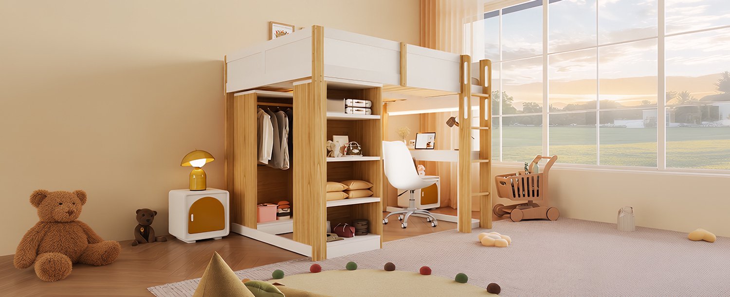 OKWISH Hoogslaper 140x200 cm - met Bureau en Kledingkast - Verlichting en Oplaadpunt - Opbergvakken - Hout en MDF - Wit en Naturel - Matras Niet Vermeld Wit en naturel houtkleur